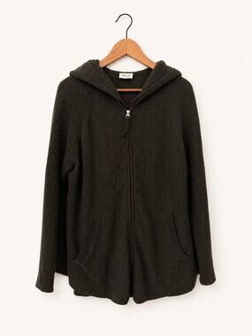 WRAP Womens Wool Blend Hooded Cardigan Size 4/6 Brown Chunky Knit Zip Sweater